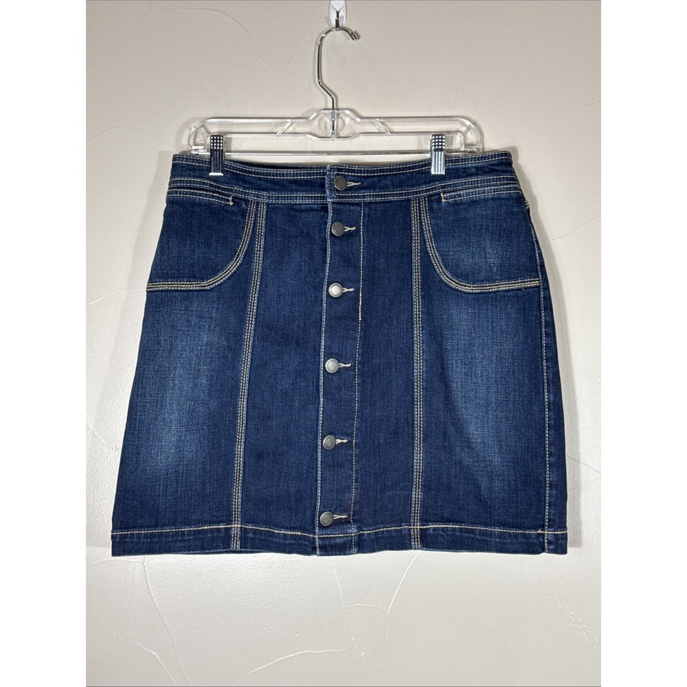 Christopher & Banks A-Line Skirt Under Shorts Women sz 12 Blue Denim Button Down